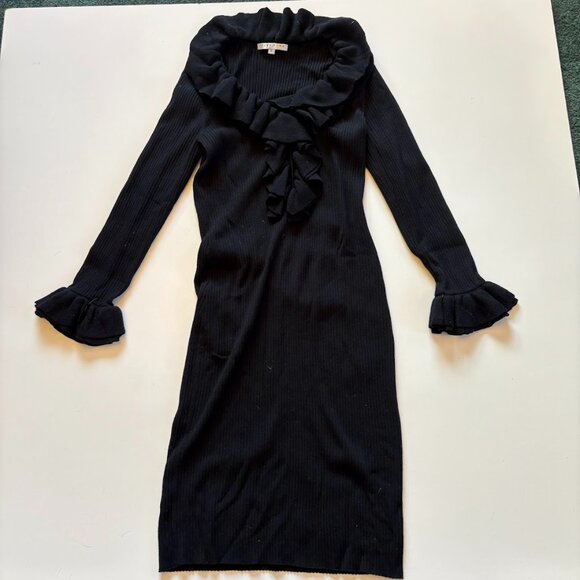 Trina Turk Merino Wool Knit Ribbed Black Dress Ruffle Long Sleeve Quill Sheath - Picture 1 of 7